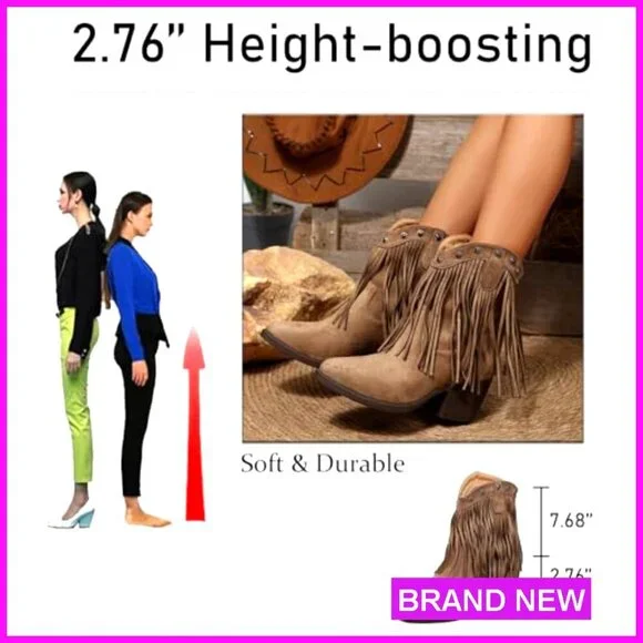 Suede Fringe Western Ankle Boots Retro Studded Pointed Toe Pull-on Chunky Heel - Picture 2 of 7